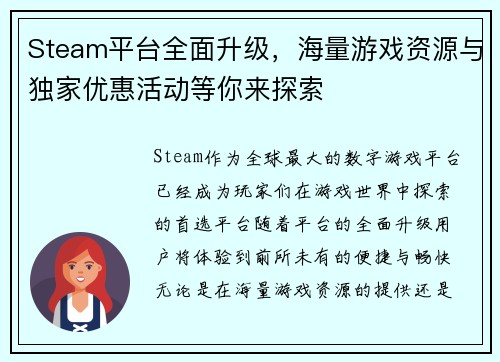 Steam平台全面升级,海量游戏资源与独家优惠活动等你来探索 Steam平台全面升级,海量游戏资源与独家优惠活动等你来探索